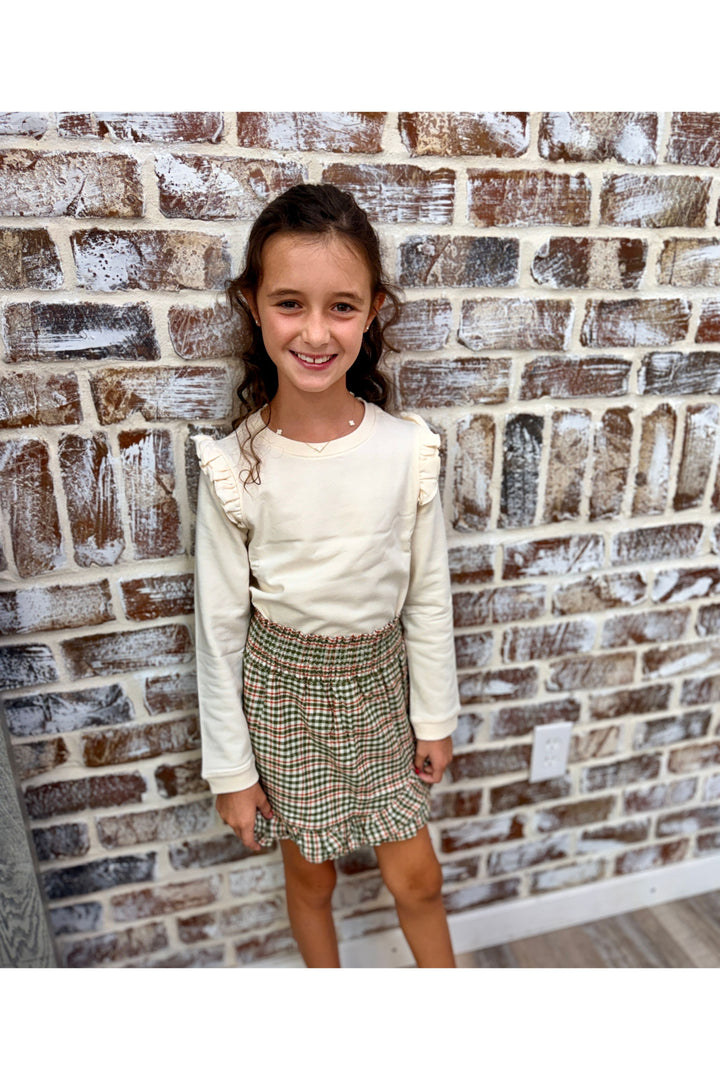 Girls Classic Dusty Olive Houndstooth Smocked Ruffle Skort