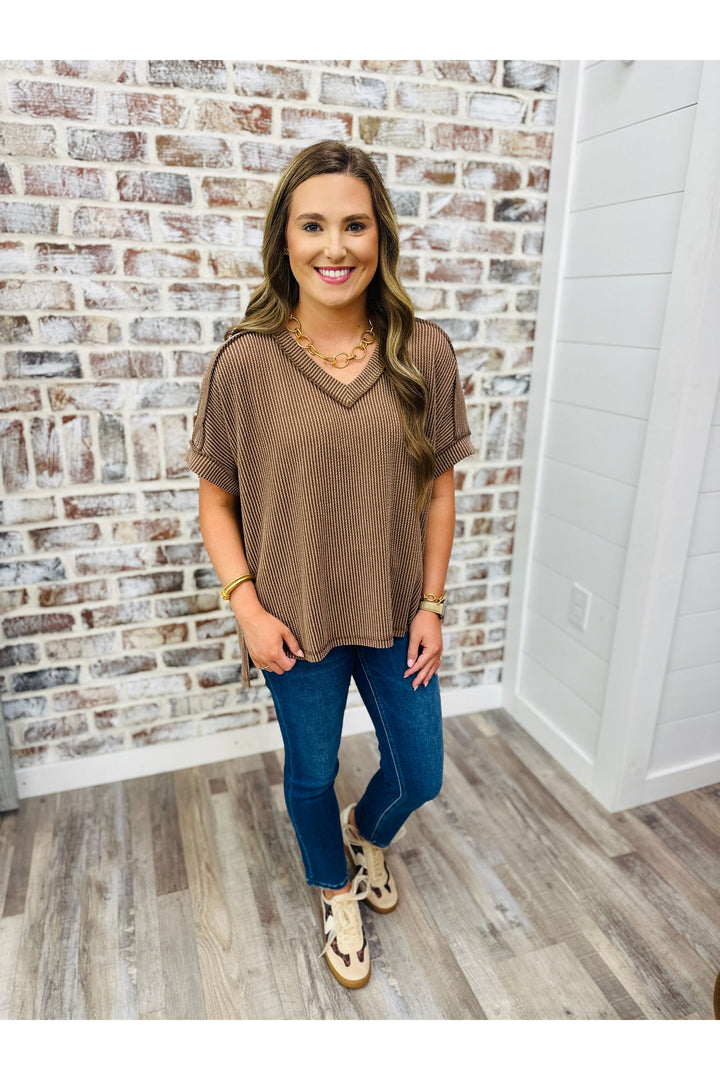 Brown Short Sleeve Waffle Top