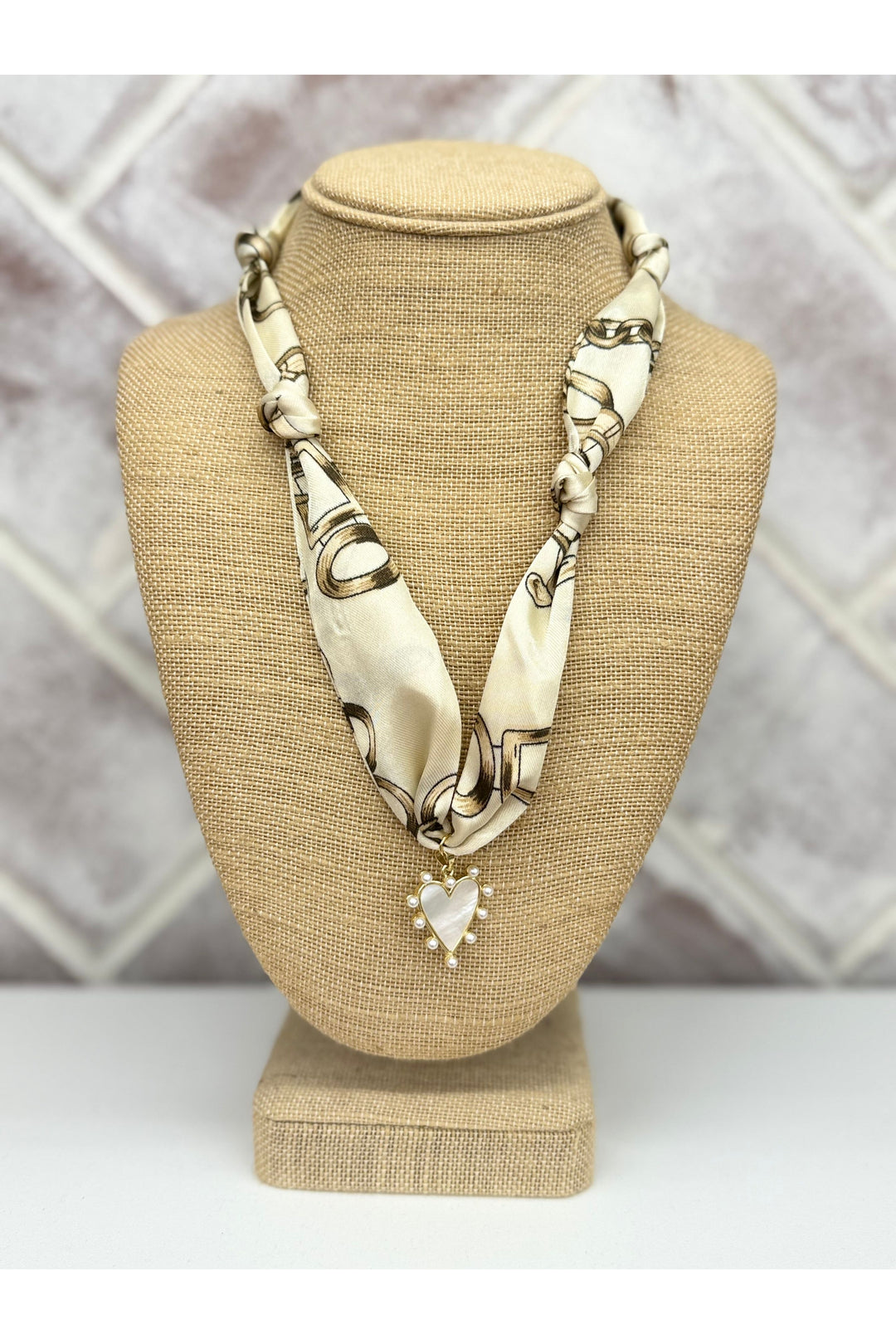Cream Scarf Necklace With Chain Print and Pearl Heart Charm
