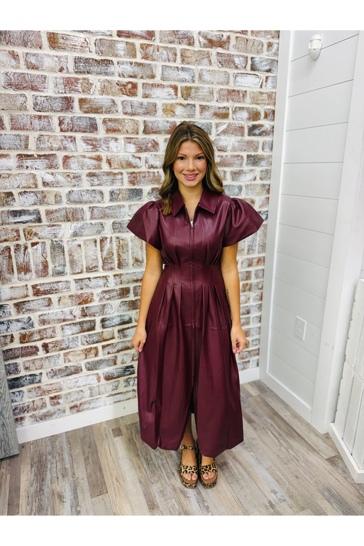 Burgundy Leather Zip Midi Dress