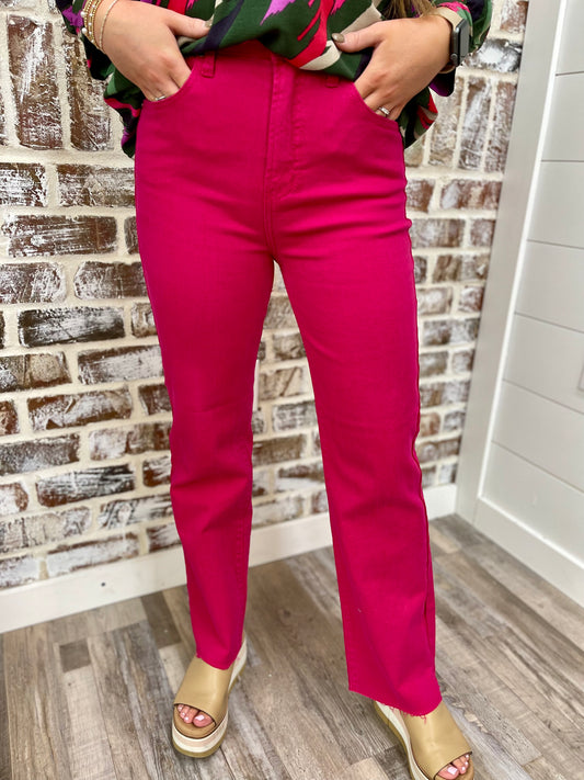 Fuchsia Tummy Control High Rise Slit Jeans