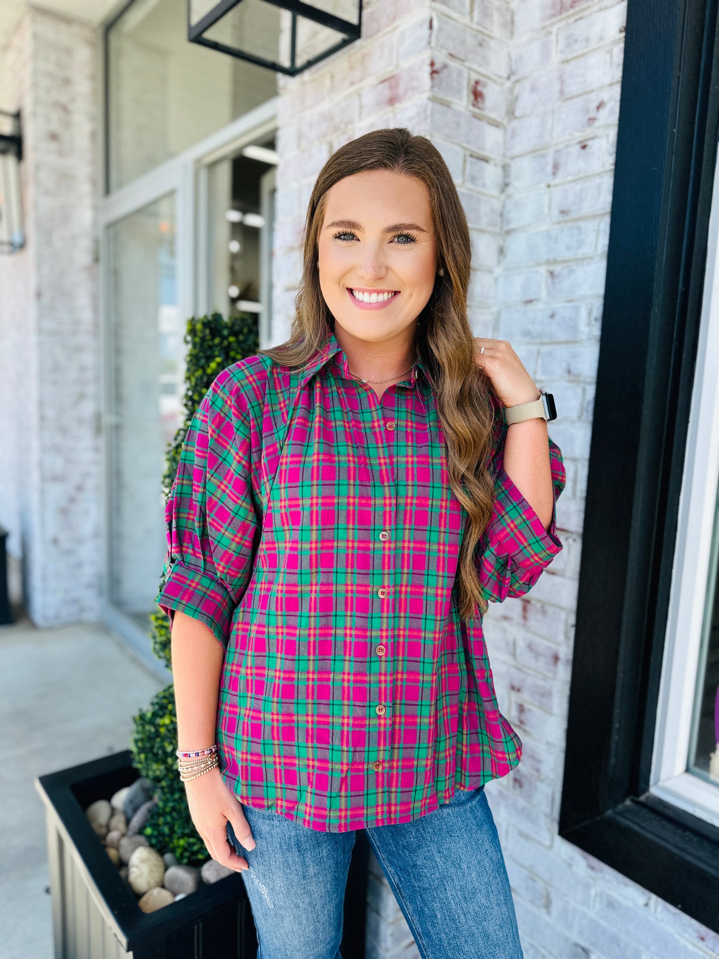 Magenta & Green Plaid Top