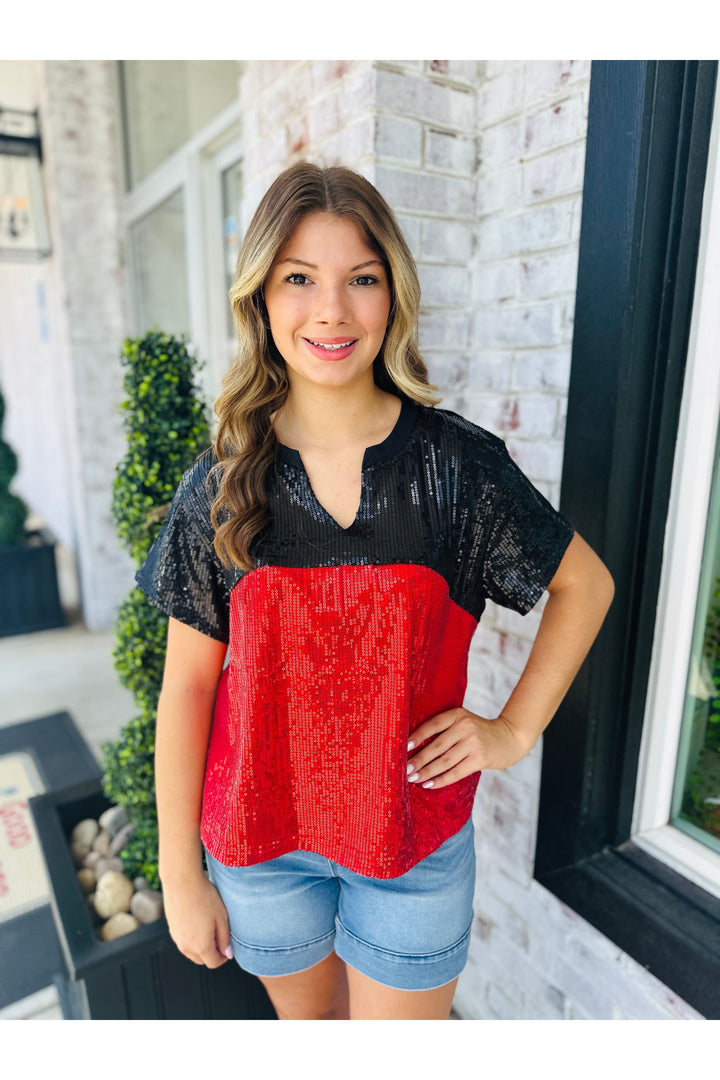 Mary Square Red + Black Sequin Top
