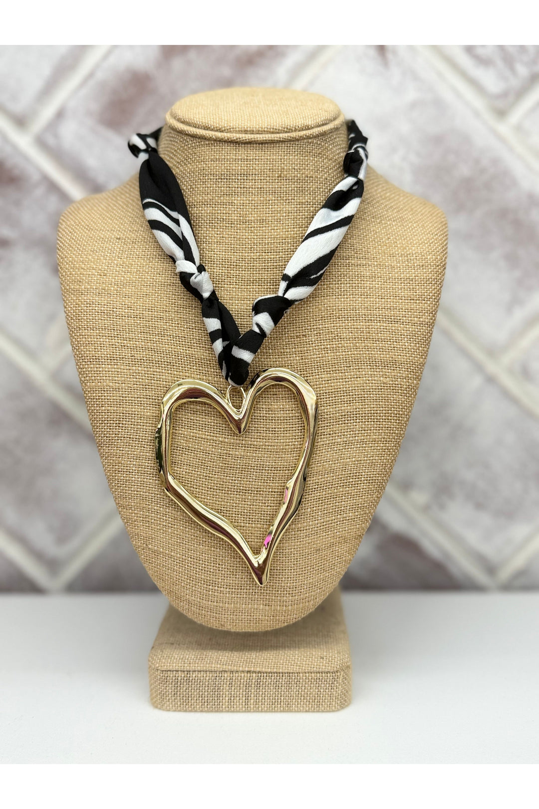 Black & White Scarf Necklace With Gold Cut-Out Heart Charm