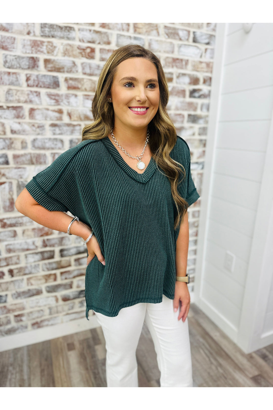 Hunter Green Short Sleeve Waffle Top