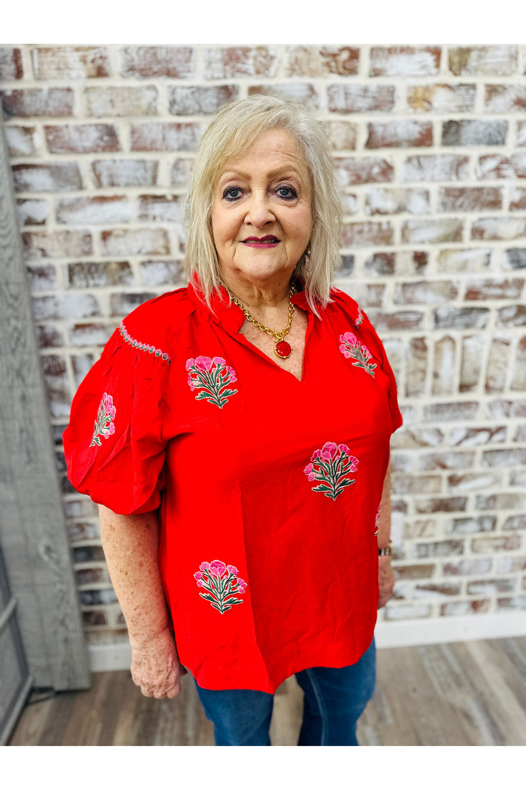 PLUS | Red Embroidered Puff Sleeve Top