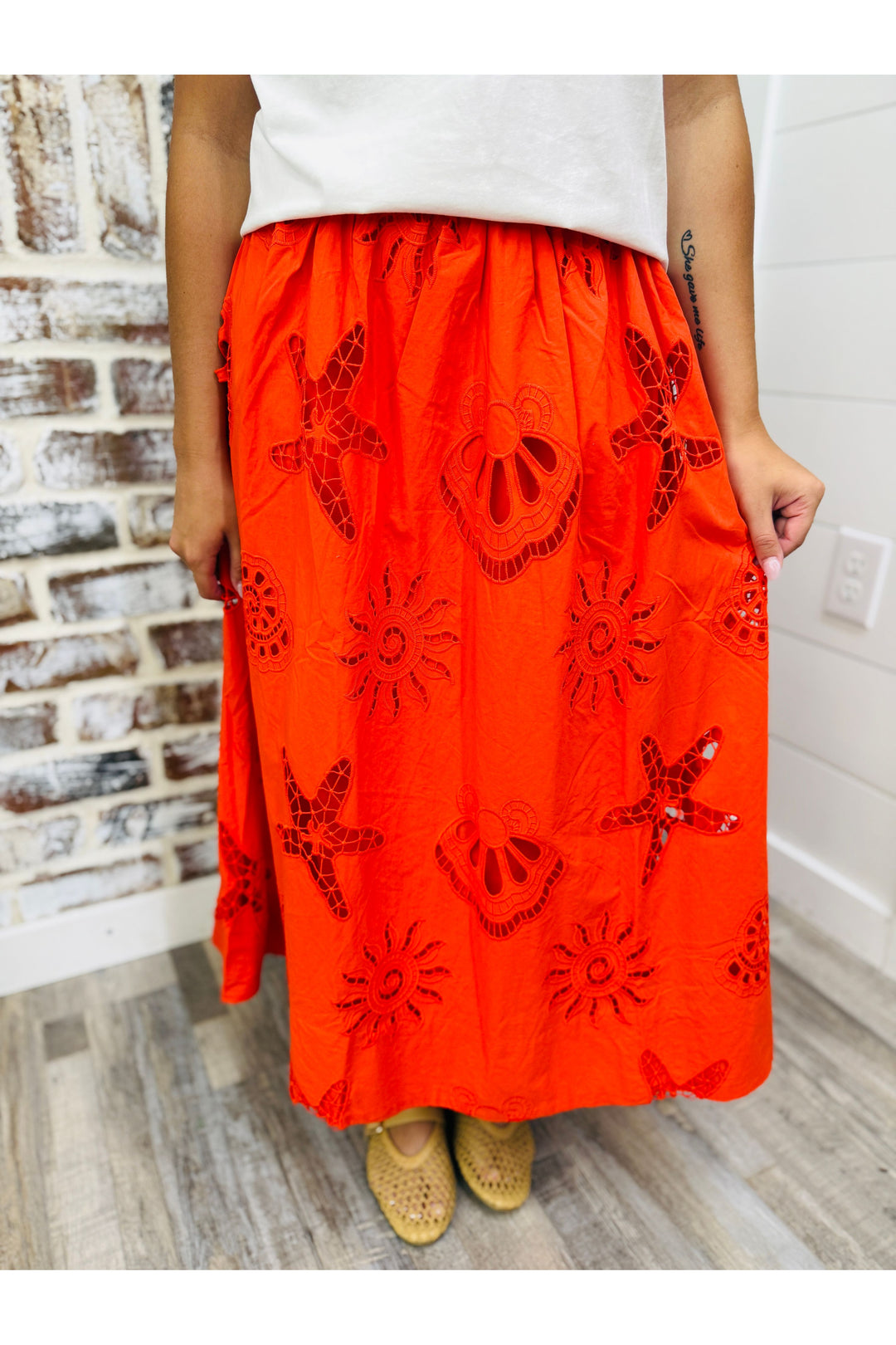 Eyelet Lace Midi Skirt