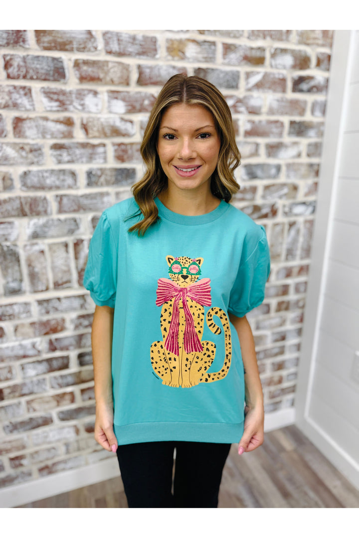 Glitter Print Cheetah On Puff Sleeve Tee