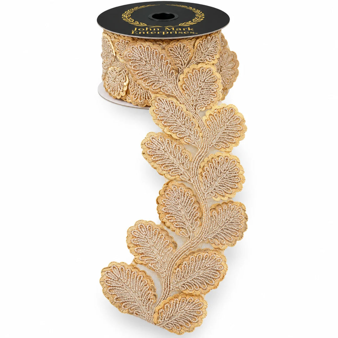 John Mark | Gold Sequin Leaf Trim Ribbon, 1" X 5YD