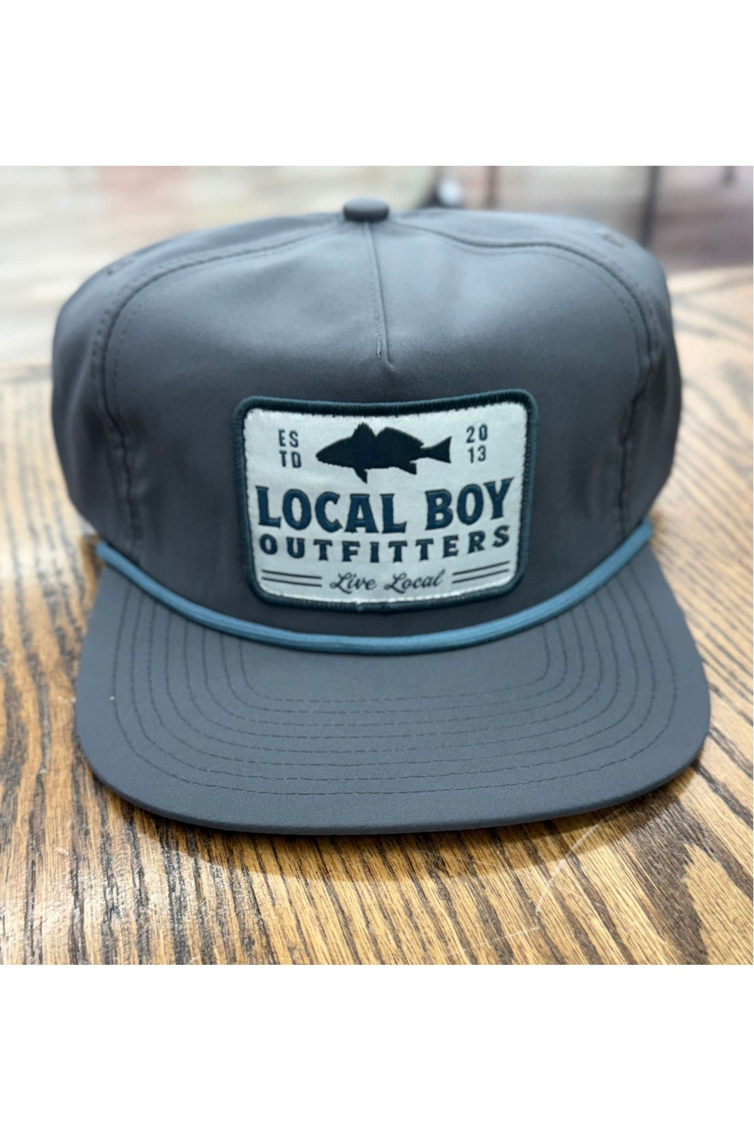 Charcoal rope hat with blue stitching logo