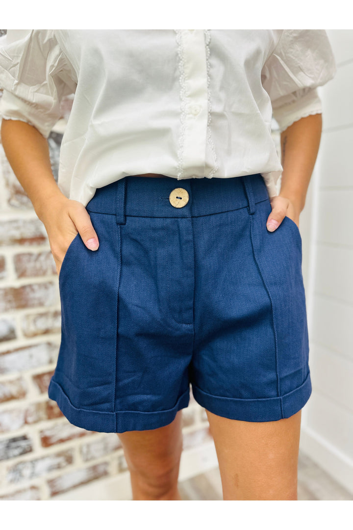 Navy Pleated Cuff Shorts
