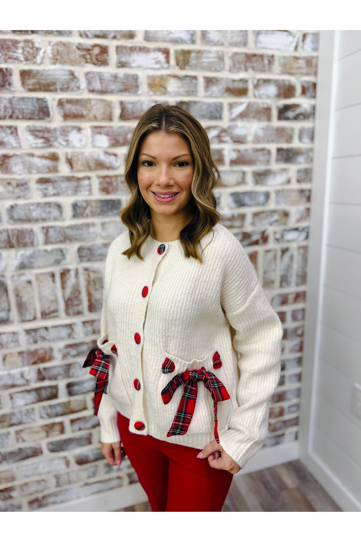 Wrapped in Cheer Plaid Bow Cardigan