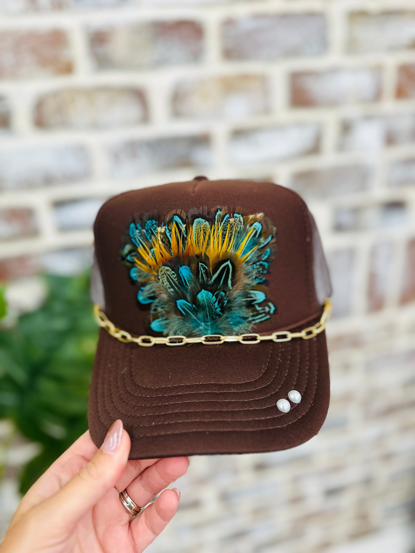 Brown Feather Trucker Hat