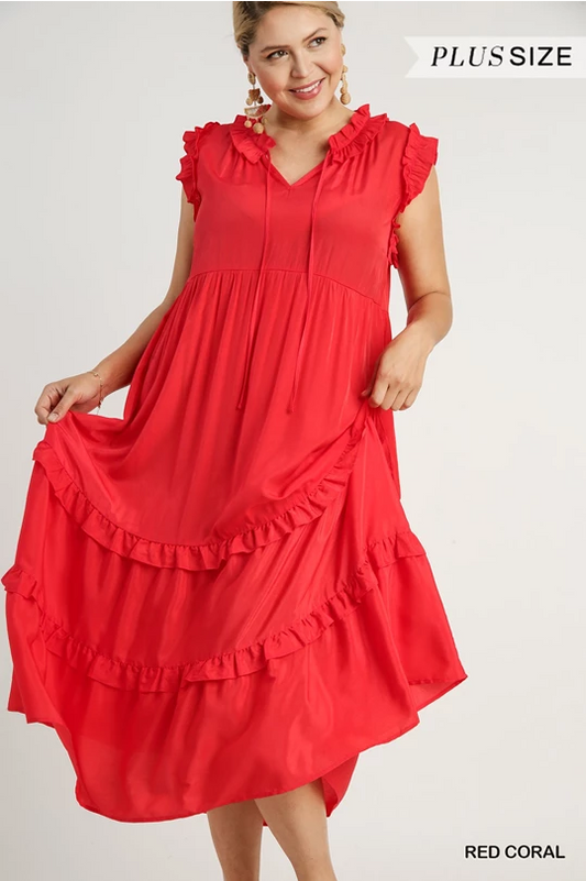 Curvy~ Red Coral Midi Dress