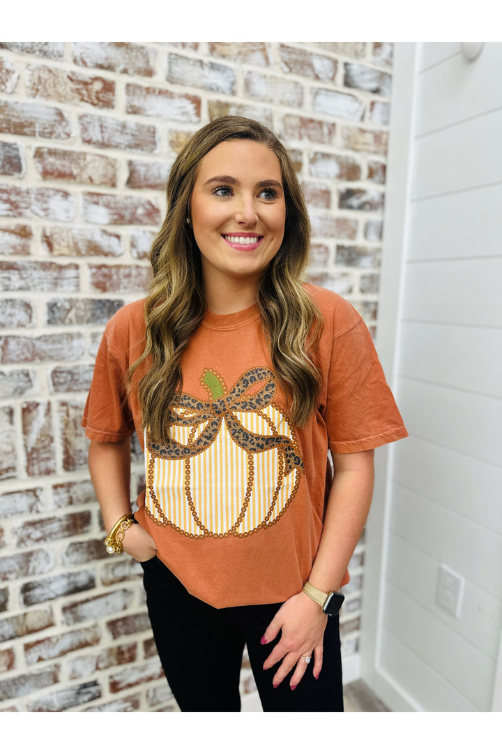 Seersucker Pumpkin With Leopard Bow Tee