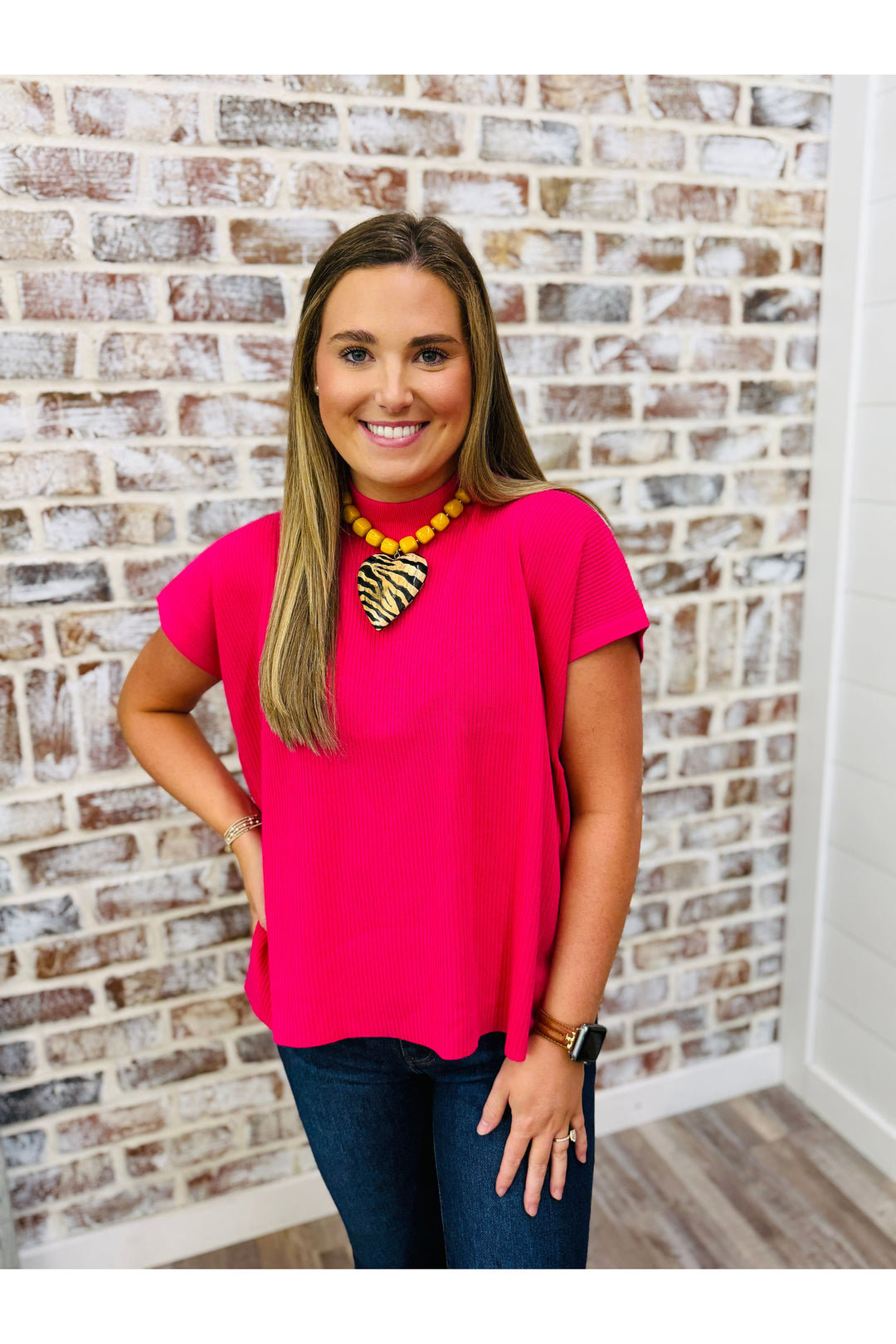 Short Sleeve Mock Neck Top - Pink