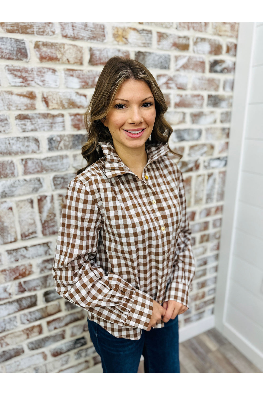 Brown Gingham Ruffled Collar Top