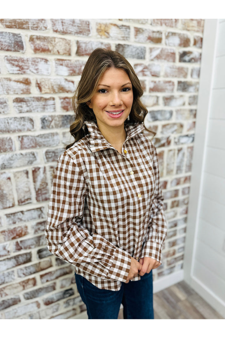 Brown Gingham Ruffled Collar Top