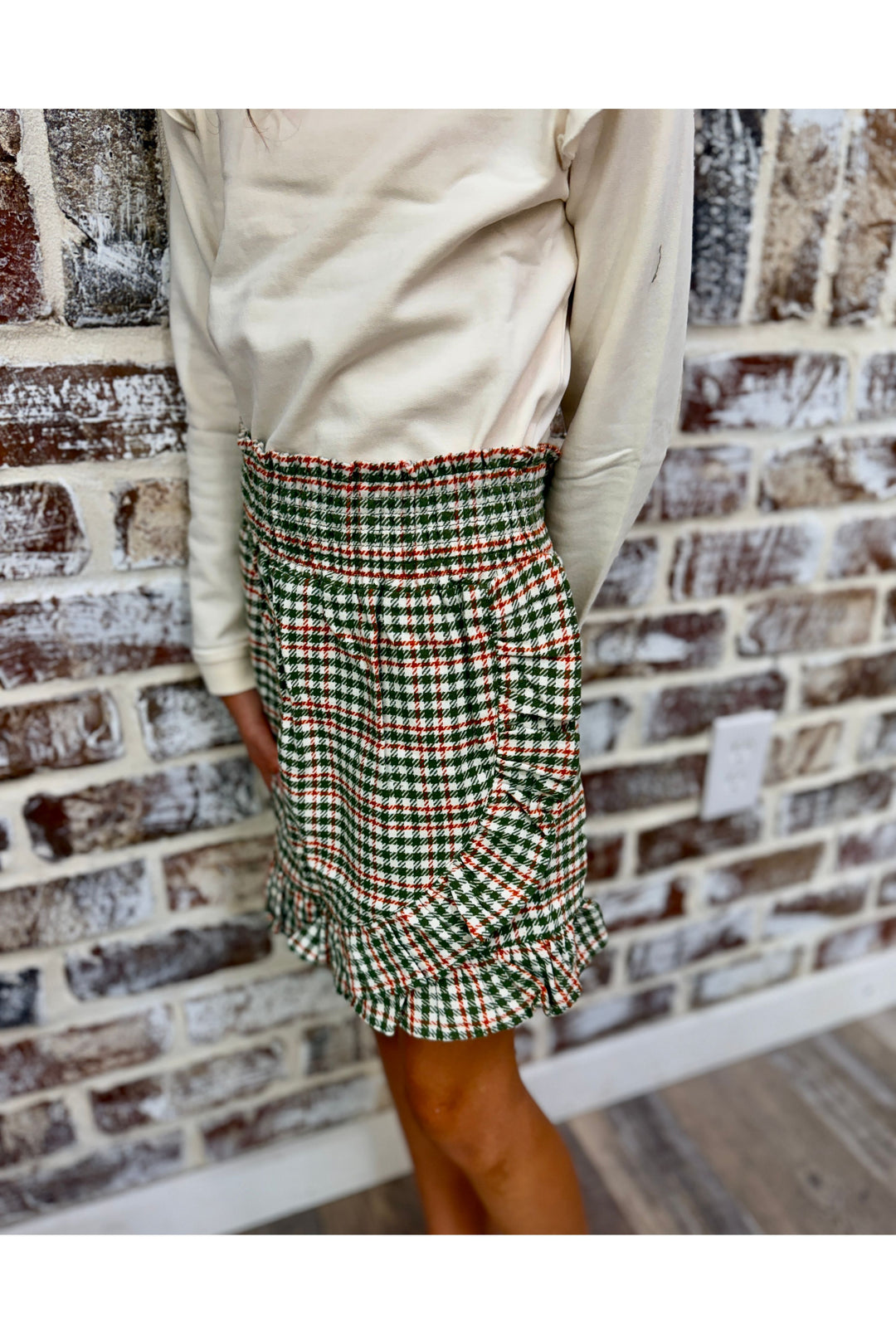 Girls Classic Dusty Olive Houndstooth Smocked Ruffle Skort