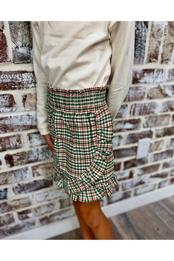 Girls Classic Dusty Olive Houndstooth Smocked Ruffle Skort
