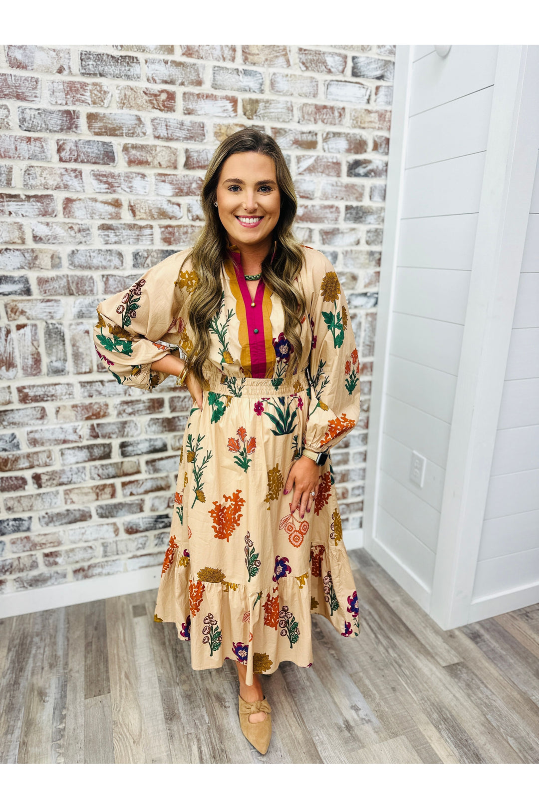 Tan midi dress with colorful detail design 