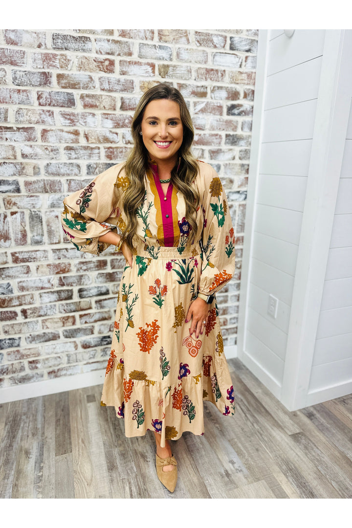 Tan midi dress with colorful detail design 