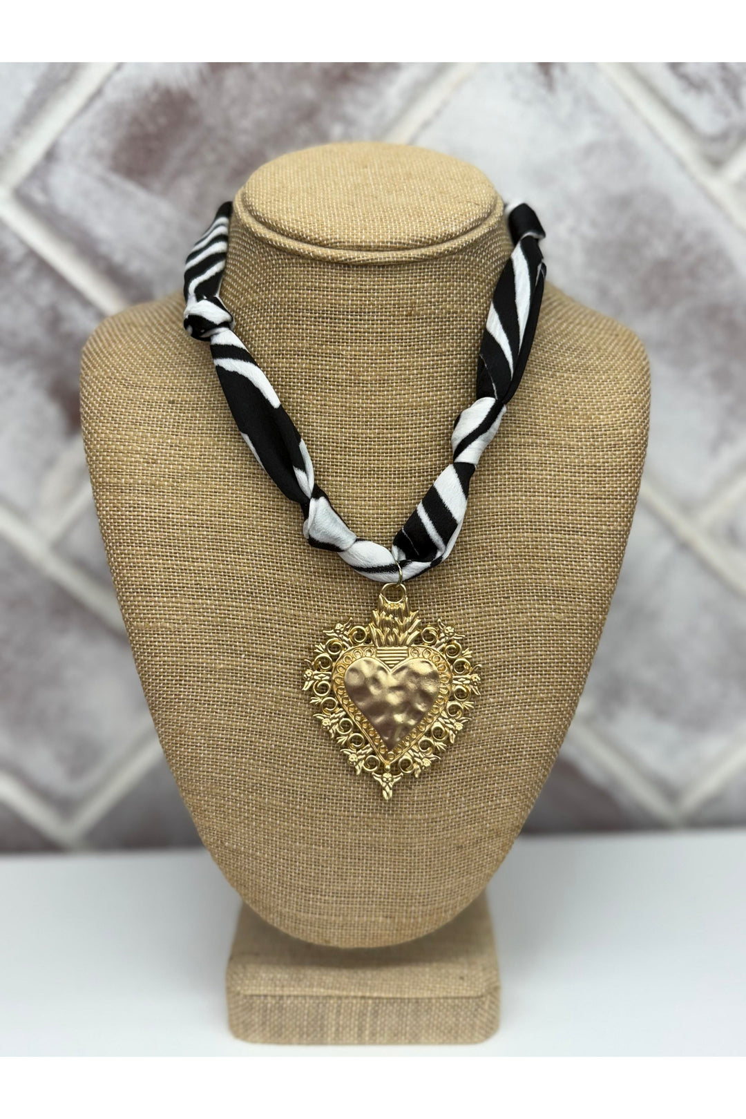 Black & White Scarf Necklace With Gold Heart Charm