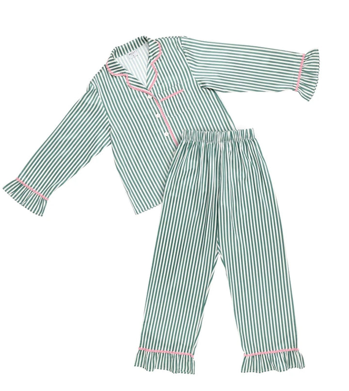 Ruffled PJ Set - Ivory + Green Stripes with Pink Rick Rack Trim