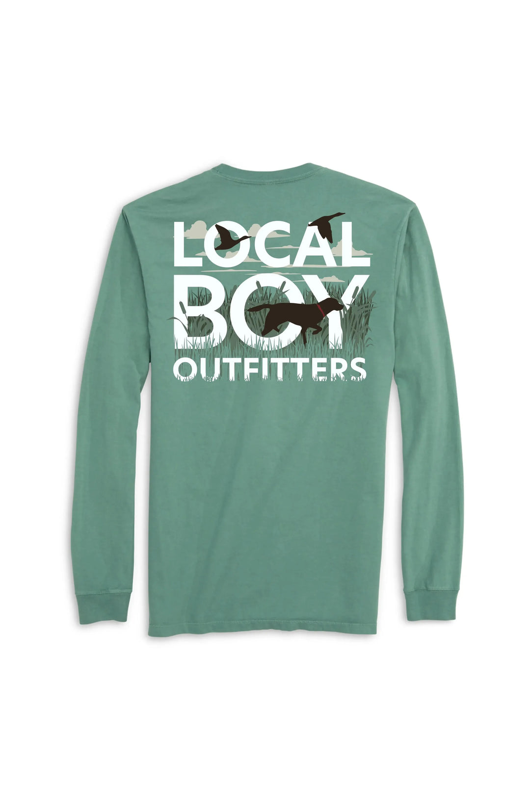 Youth long sleeve green tee with local boy spelled out & dog & duck design in grass