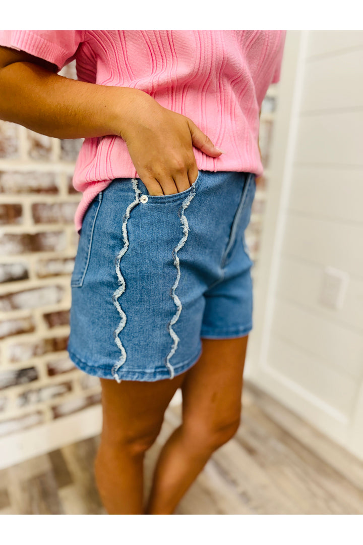High Rise Wide Leg Denim Shorts with Scalloped Front Seam