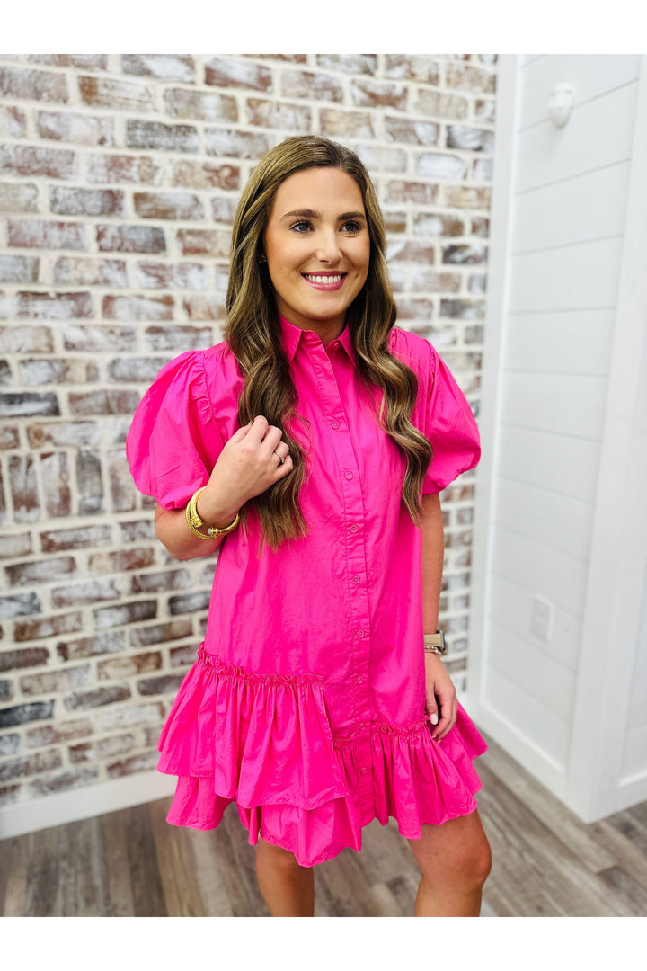 Karlie Solid Ruffle Bottom Shirt Dress