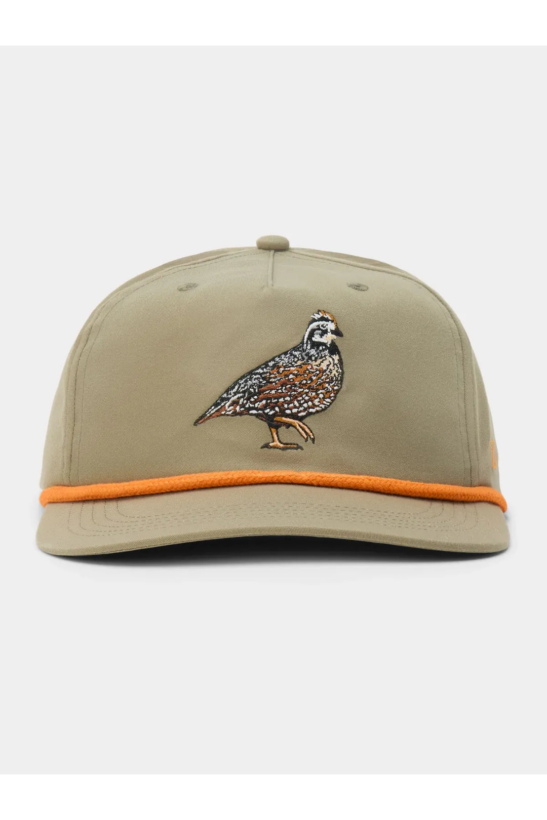 Khaki hat with bird on front and orange rope