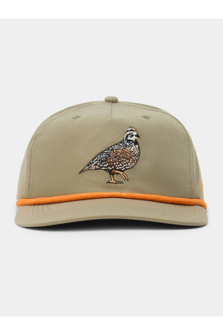 Khaki hat with bird on front and orange rope