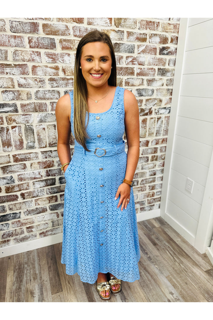 Blue Eyelet Belted Drss