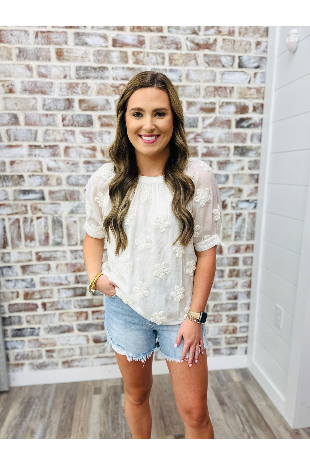 short sleeve sheer sleeve with embroidered flower details 