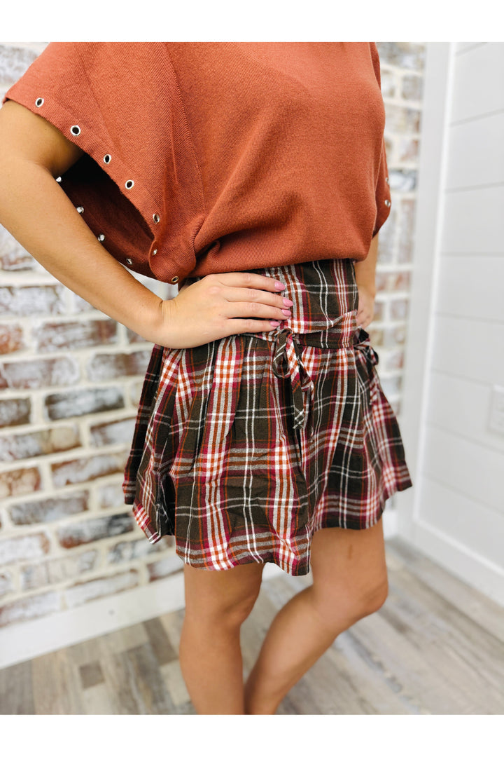 Ruched Plaid Flannel Skort