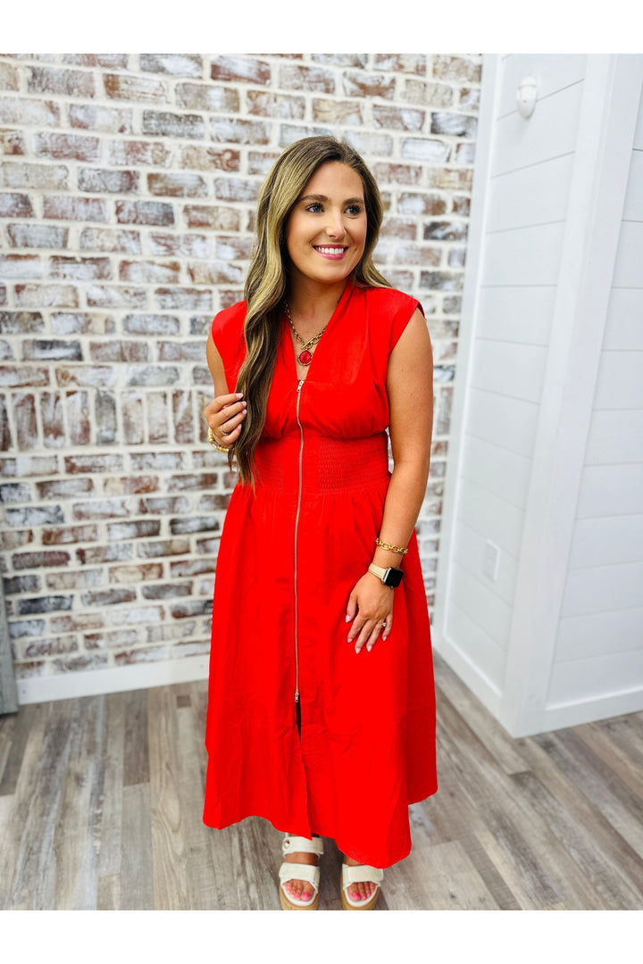 Zipped In Red Midi Dress