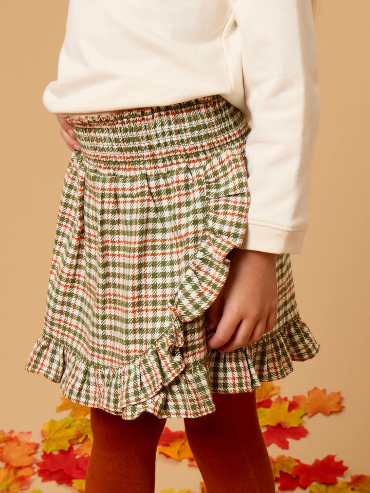 Girls Classic Dusty Olive Houndstooth Smocked Ruffle Skort