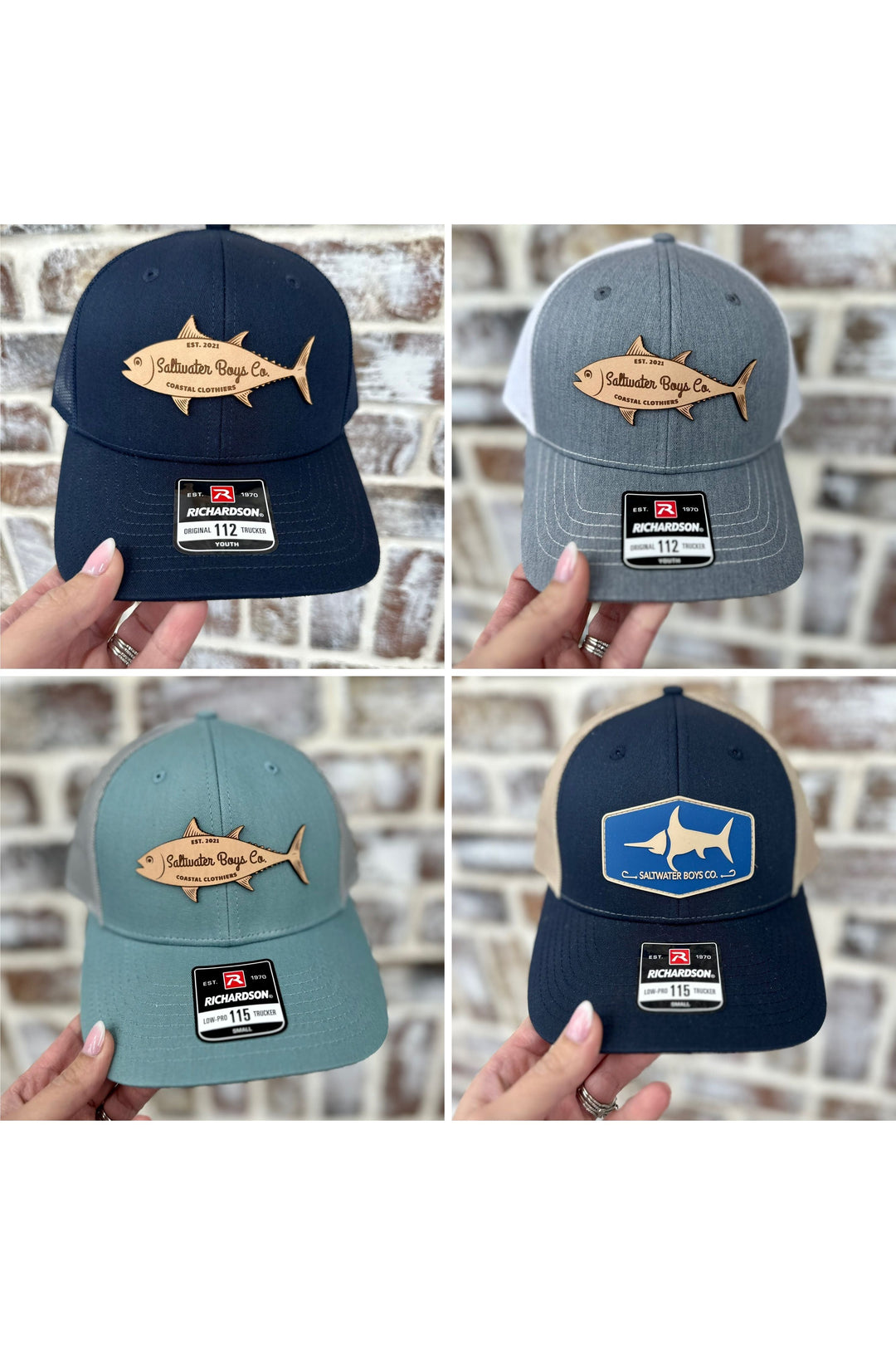 Youth Saltwater Boys Logo patch hat available in navy, grey, mint, and navy with blue.