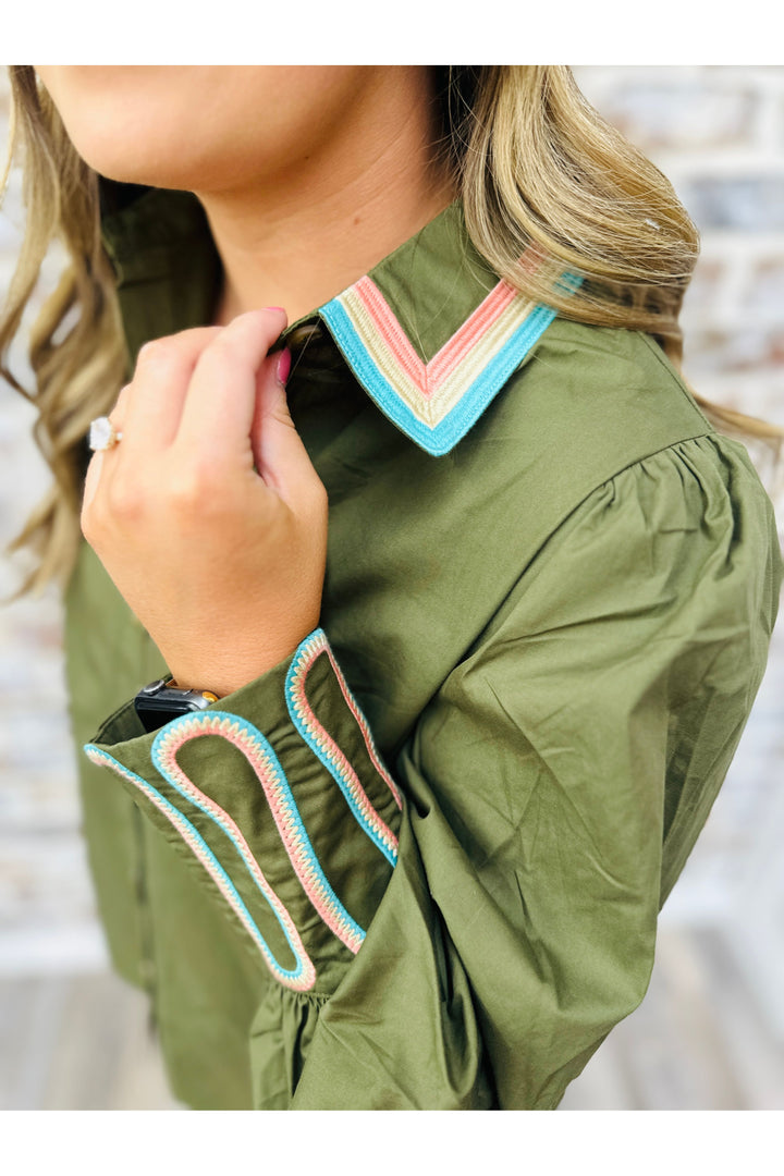 Olive Contrast Button Top