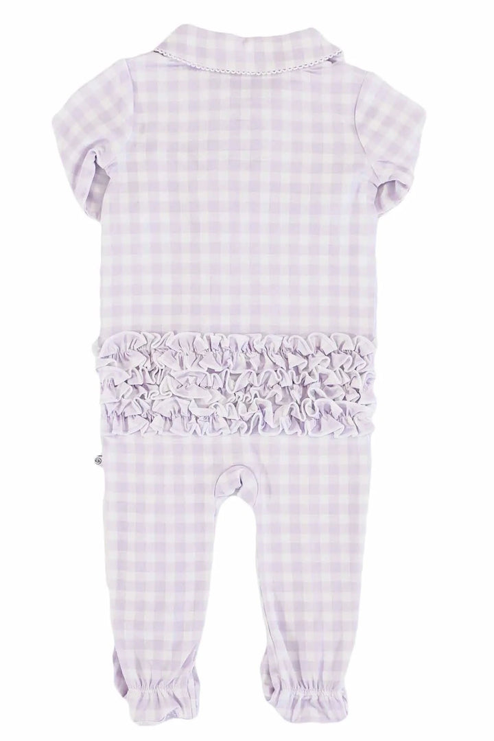Peter Pan Collar Ruffle Zipper Footie | Lilac Gingham