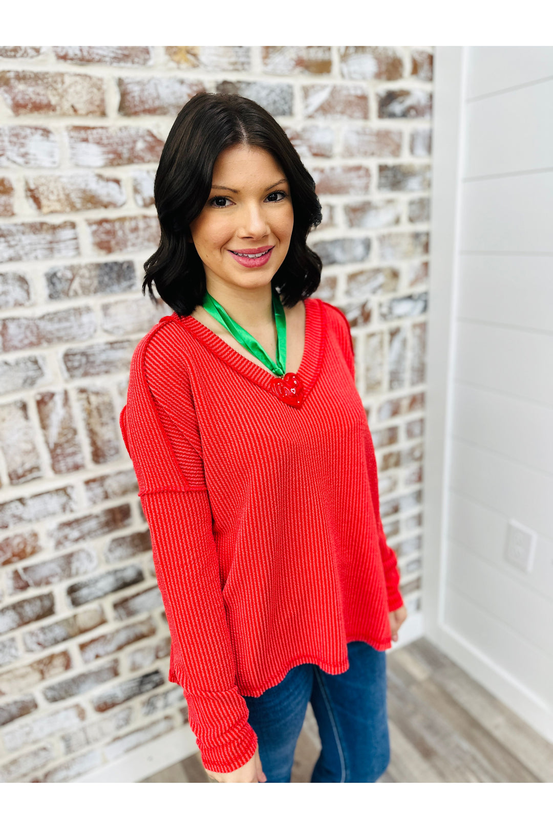 Red Ribbed Long Sleeve Top