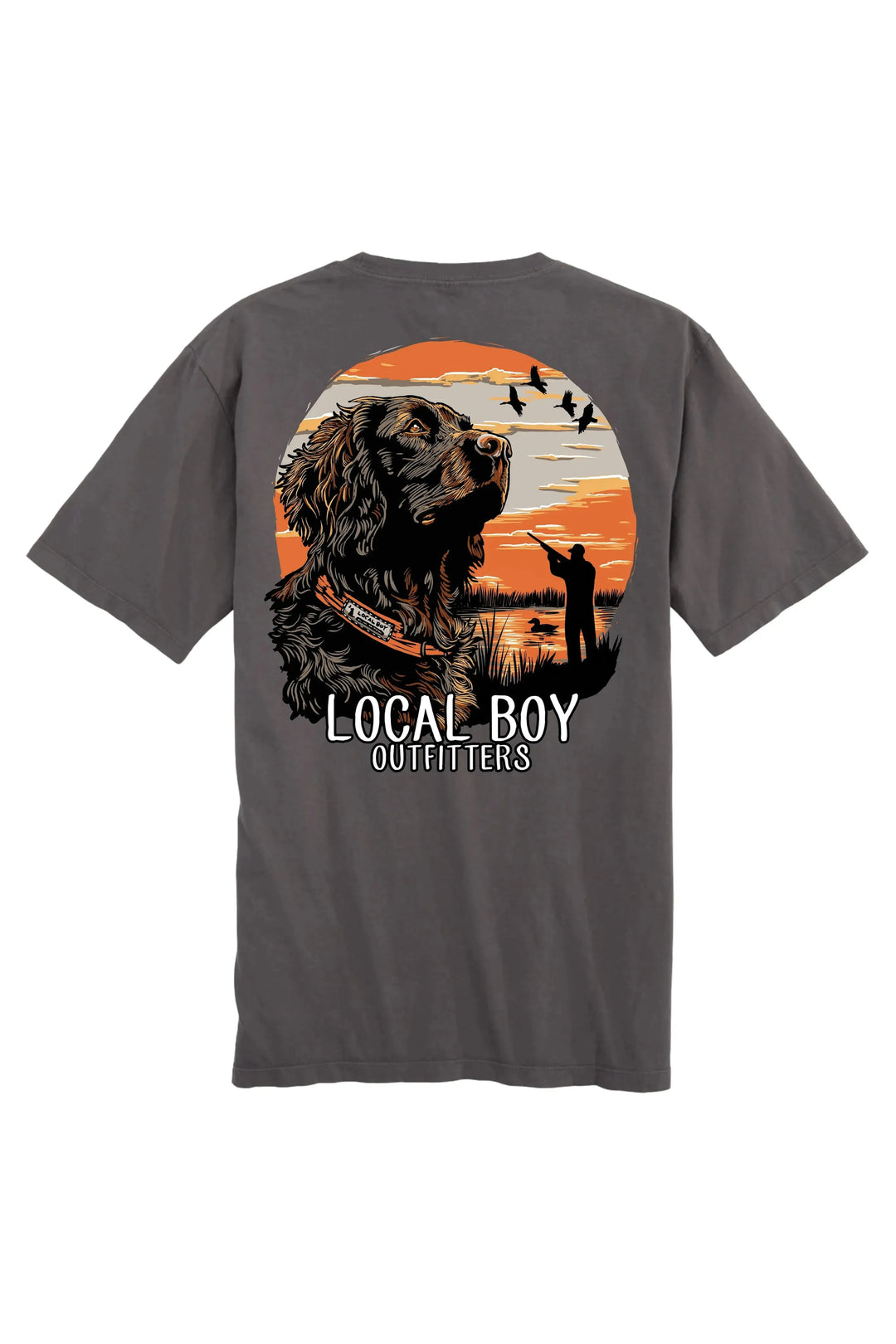 Grey Youth tee with Boykin on back and man with a shotgun over the water