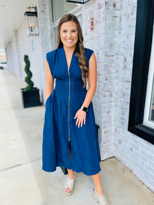 Navy Zip Midi Dress