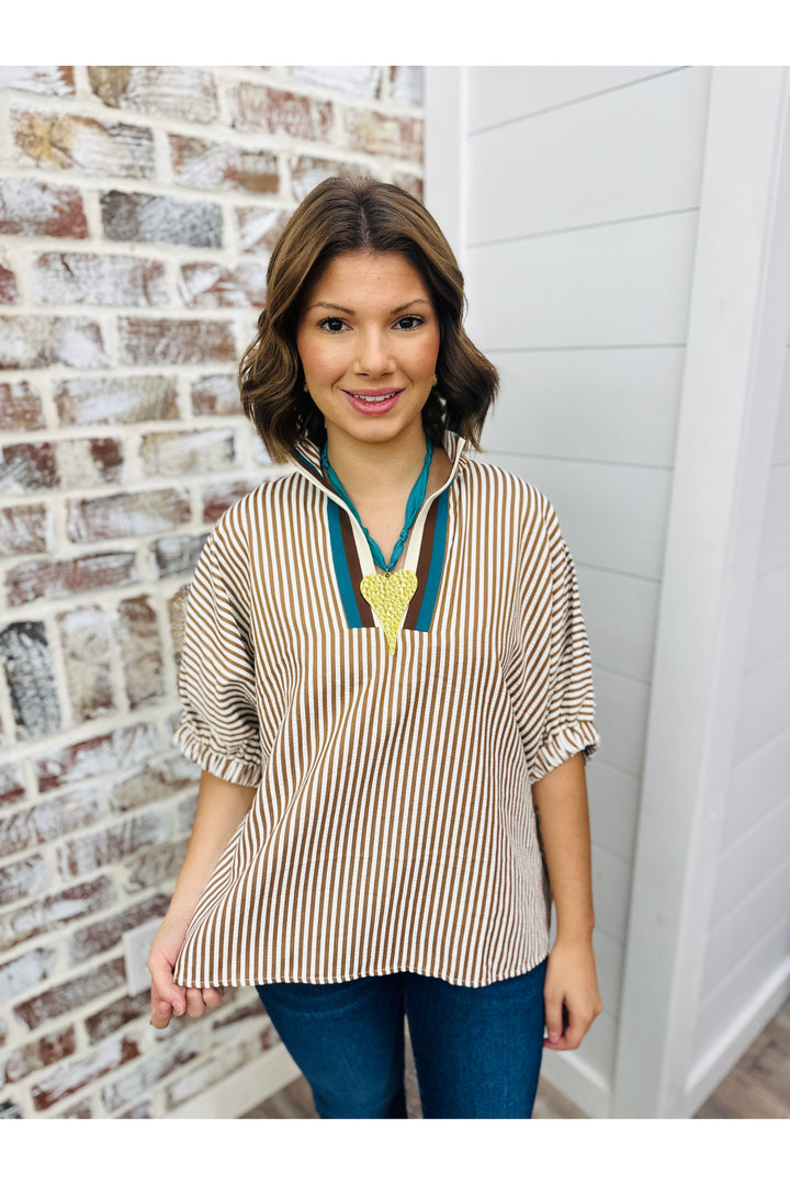 brown & cream short sleeve striped top
