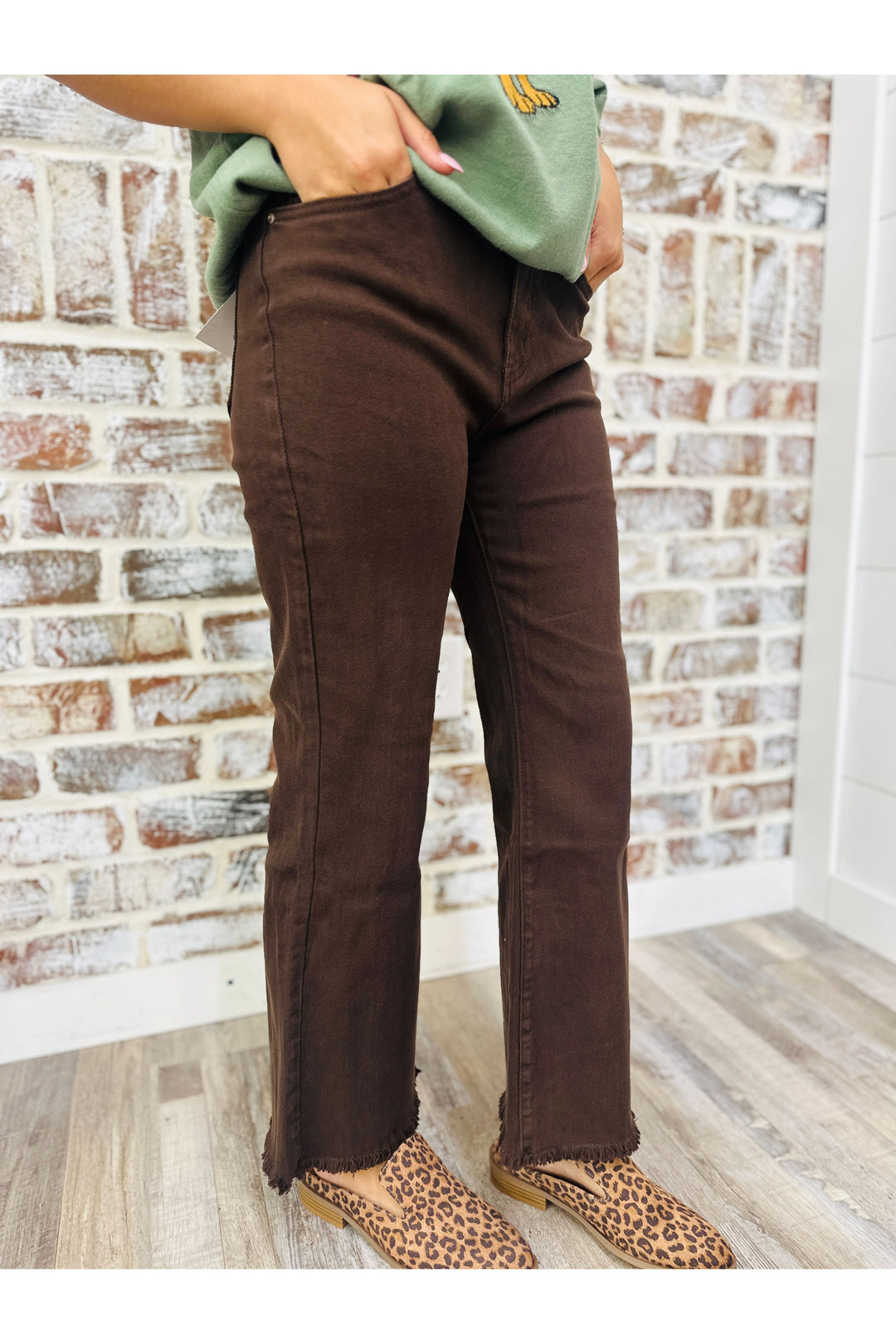 Acid Washed Straight Leg Pants - Dark Brown