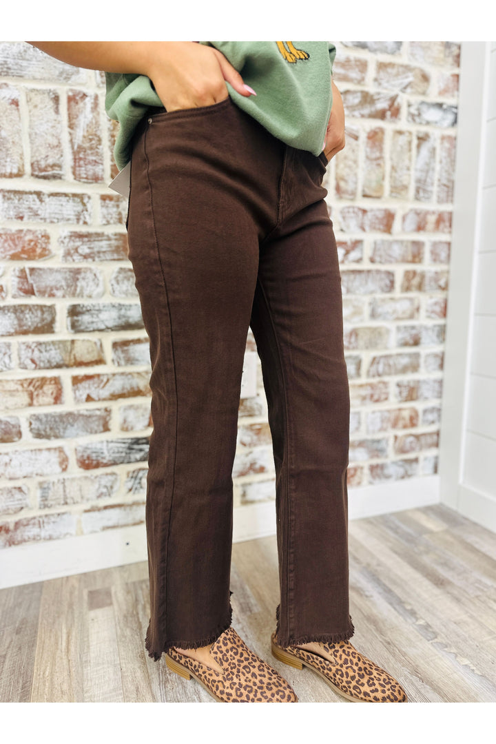 Acid Washed Straight Leg Pants - Dark Brown