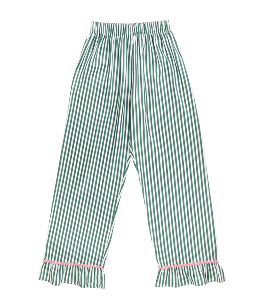 Ruffled PJ Set - Ivory + Green Stripes with Pink Rick Rack Trim