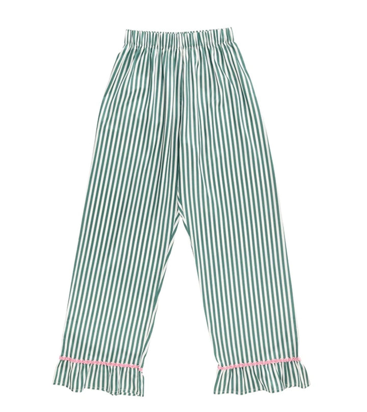 Ruffled PJ Set - Ivory + Green Stripes with Pink Rick Rack Trim
