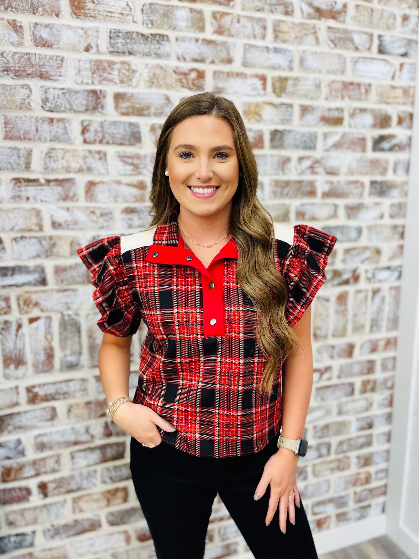 Red + Black Plaid Top